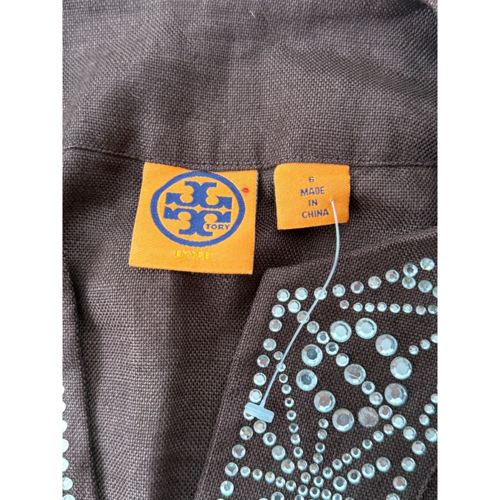 Vintage Tory Burch Brown Linen Crystal Bling Embellished Tunic Top Fall SZ 6 NWT - Picture 6 of 9